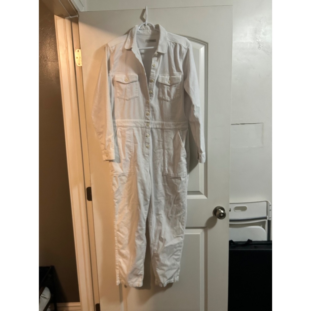 OUTER KNOWN White Corduroy Button Up Long Sleeve Utility Jumpsuit Jumpsuit‎